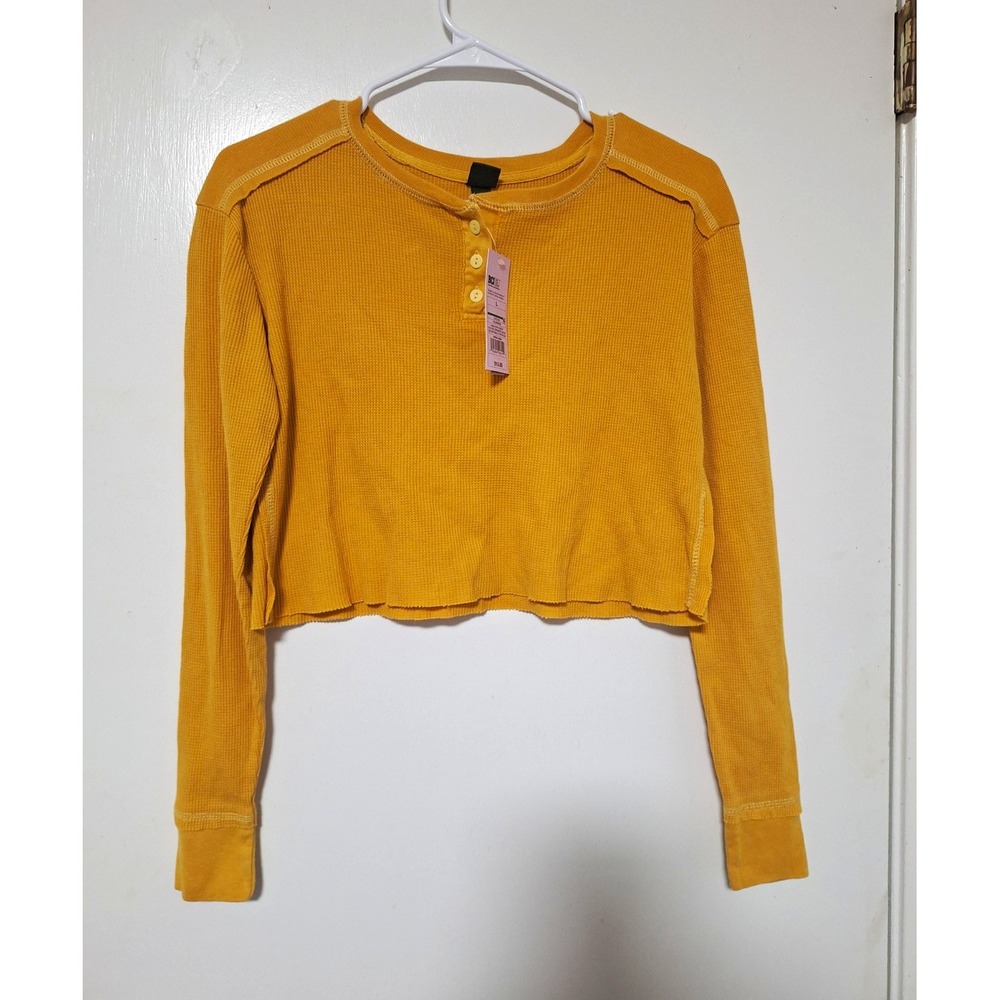 NWT Wild Fable Womens L Mustard Yellow Waffle Knit Crop Henley Top Long Sleeve